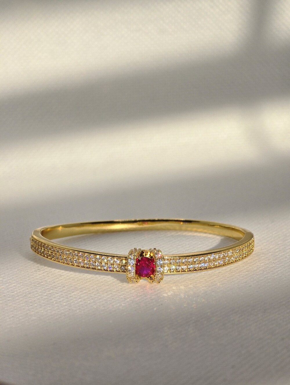 Gold Ruby Crystal Pavé Hinged Bangle Bracelet